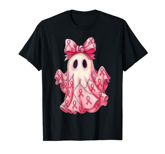 Cute Pink Ribbon Patchwork Ghost Breast Cancer Halloween T-Shirt