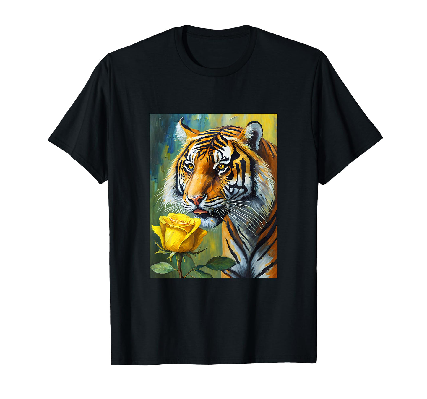 Tiger Sniffing a Yellow Rose Illustration Graphic Design T-Shirt
