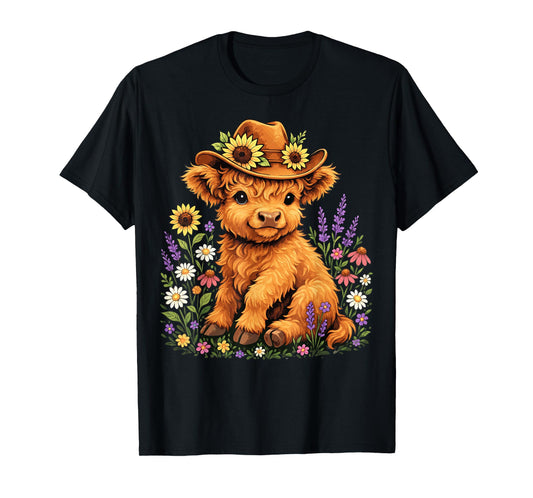 Cute Highland Cow with Flowers and Cowboy Hat T-Shirt