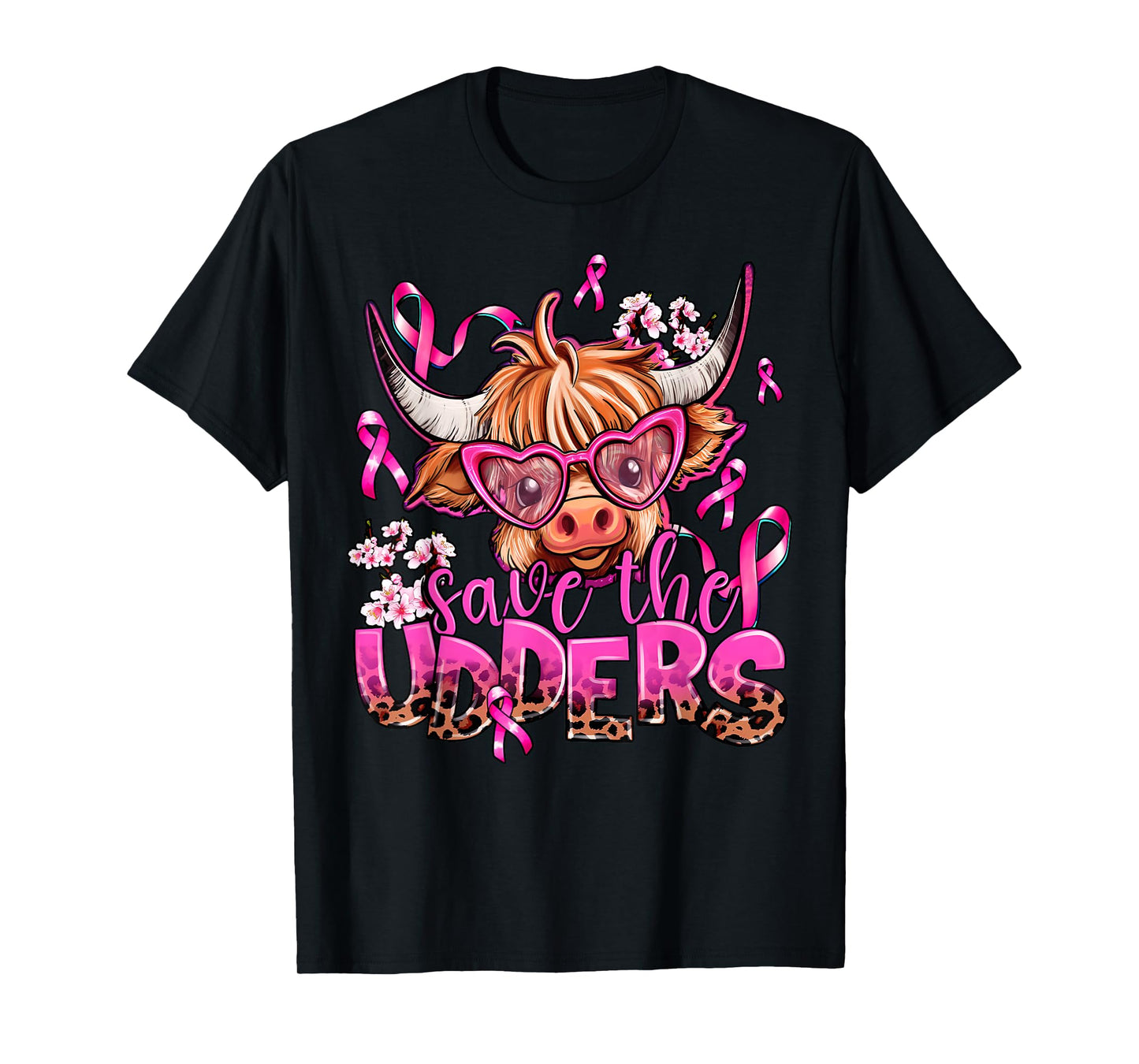 Save The Udders Highland Cow Pink Breast Cancer Awareness T-Shirt