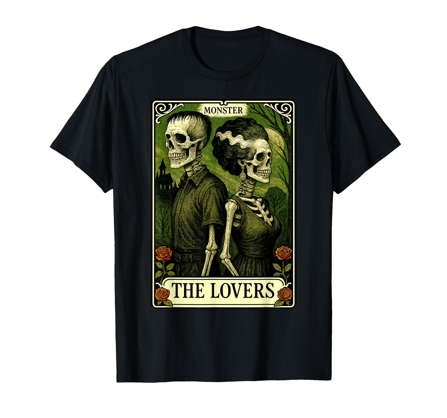 Monster Frankenstein and Bride Lovers Tarot Card Skeleton T-Shirt