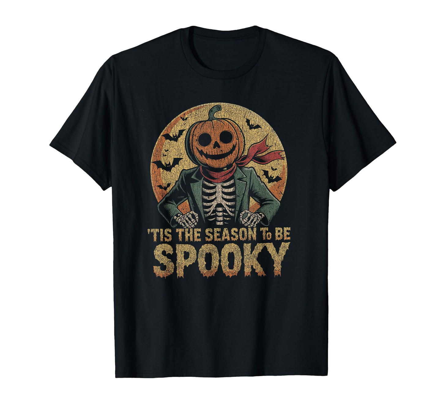 Skeleton with Pumpkin Head in Front of Full Moon and Bats T-Shirt