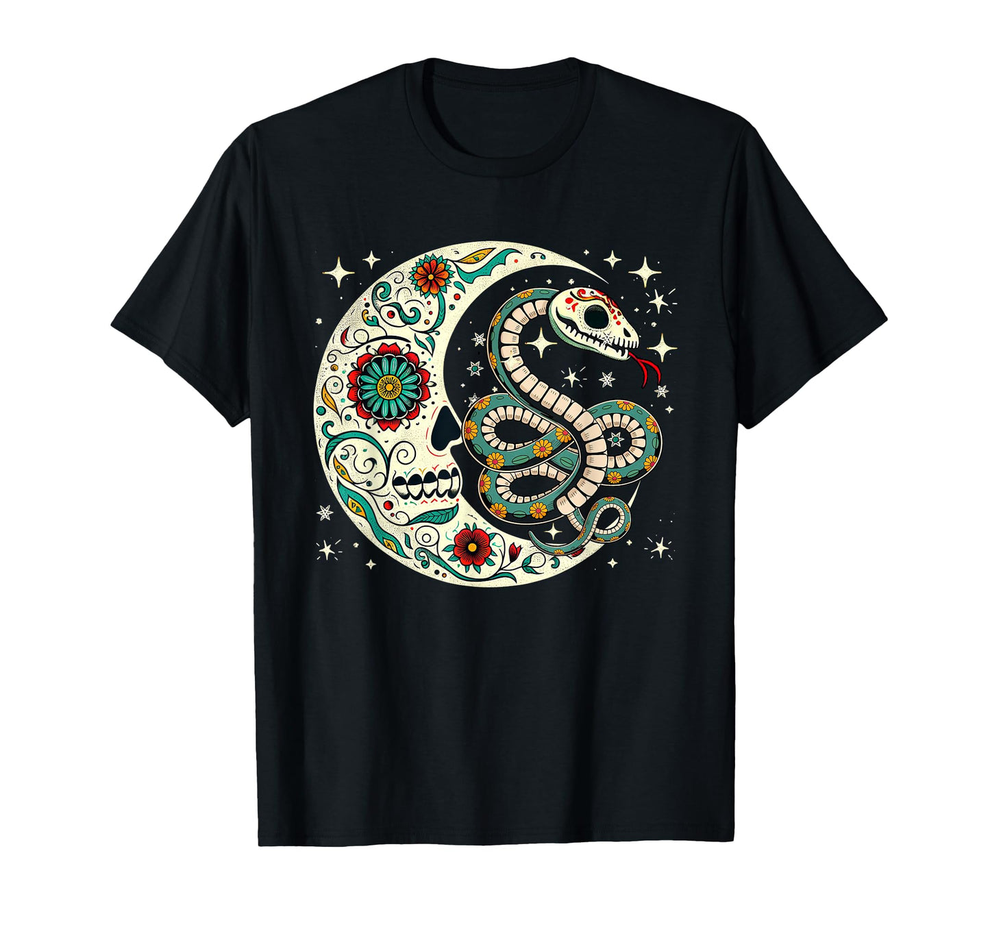 Dia De Los Muertos Halloween Moon Floral Skeleton Snake T-Shirt