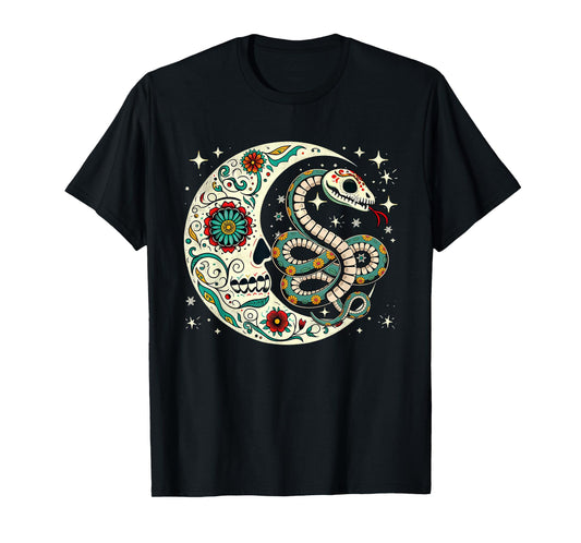 Dia De Los Muertos Halloween Moon Floral Skeleton Snake T-Shirt
