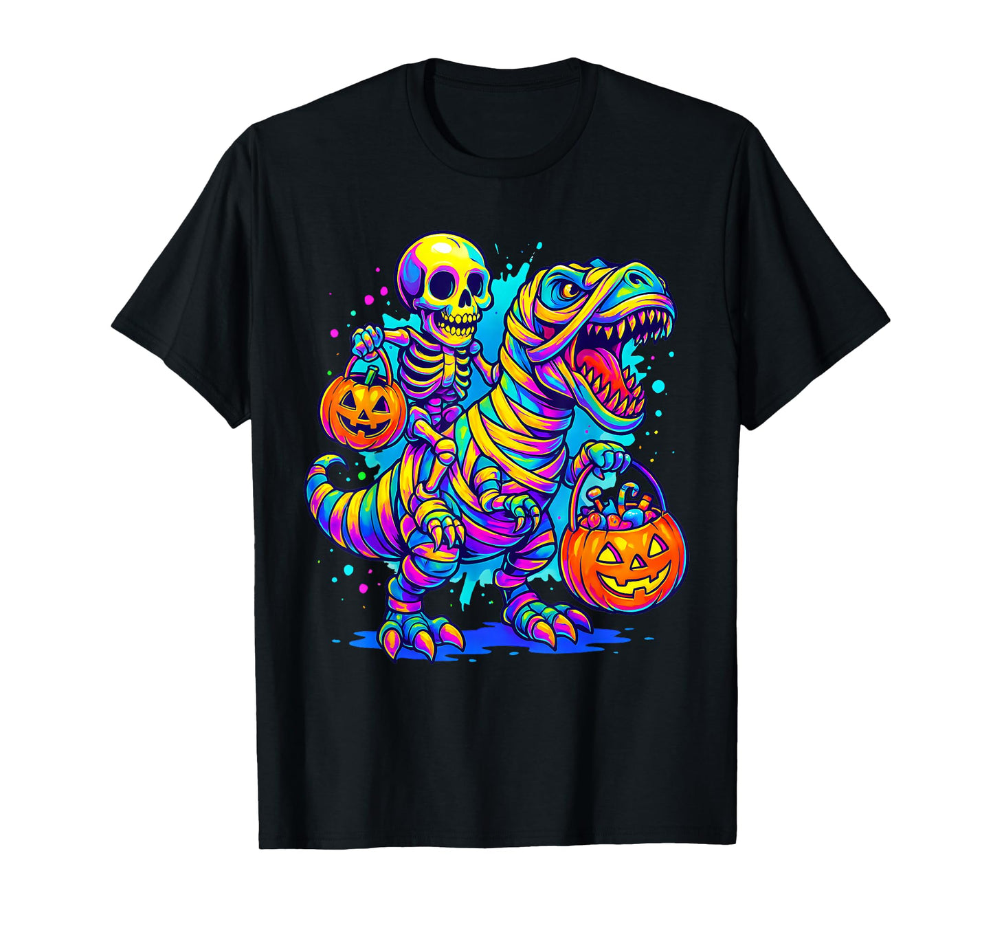 Skeleton Riding Mummy Dinosaur T rex Halloween Funny Pumpkin T-Shirt