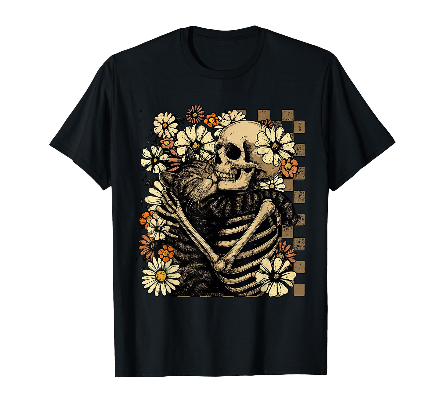 Retro Skeleton Hugging Cat Floral Halloween Cats Lover Fall T-Shirt