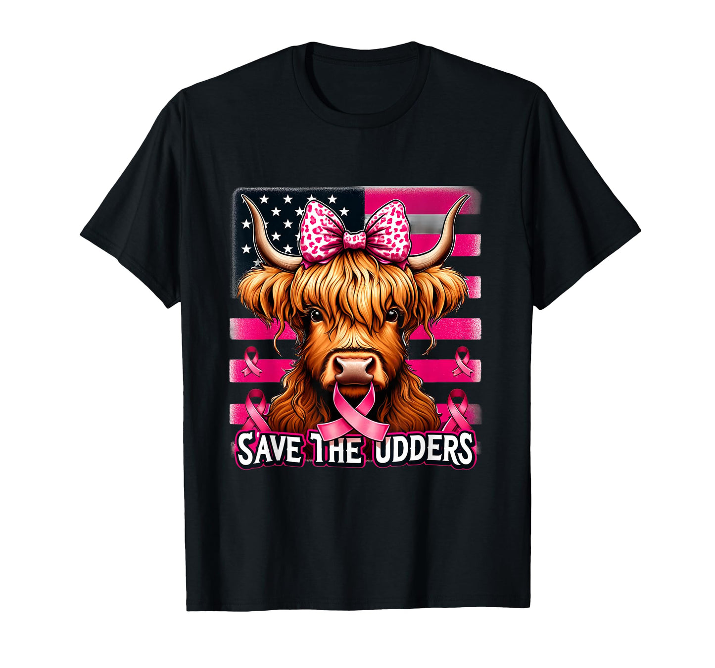 Retro Save The Udders Messy Hair Highland Cow Breast Cancer T-Shirt