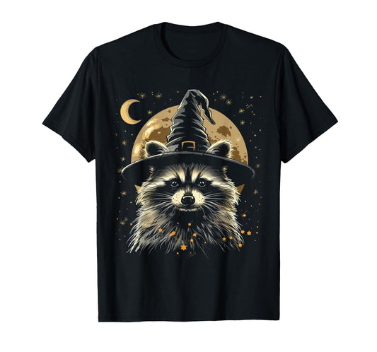 Raccoon Halloween Wizard Hat Funny Cute Witch Costume T-Shirt