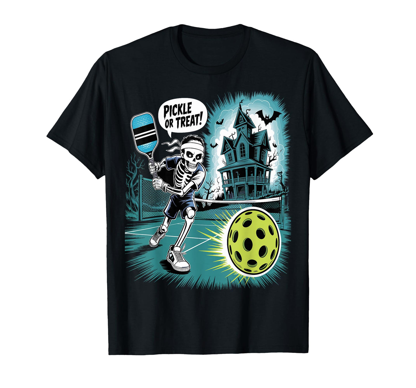 Pumpkin Skeleton Halloween Pickleball Spooky Sports T-Shirt
