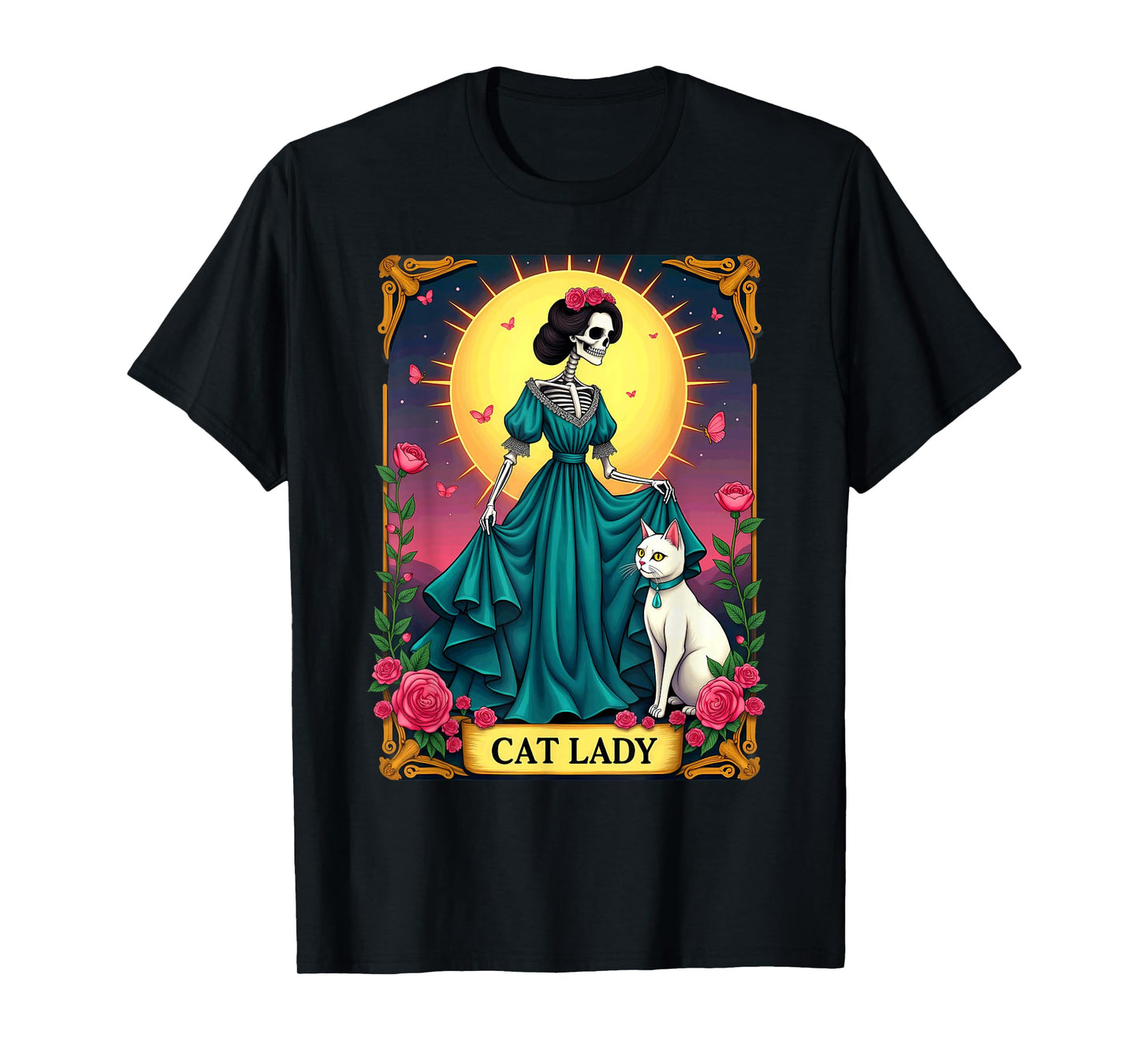 Retro Cat Lady Tarot Card Skeleton Halloween T-Shirt