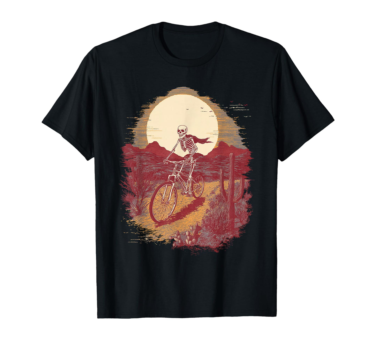 Skeleton Biker Cycling Desert Moon Halloween Vintage T-Shirt