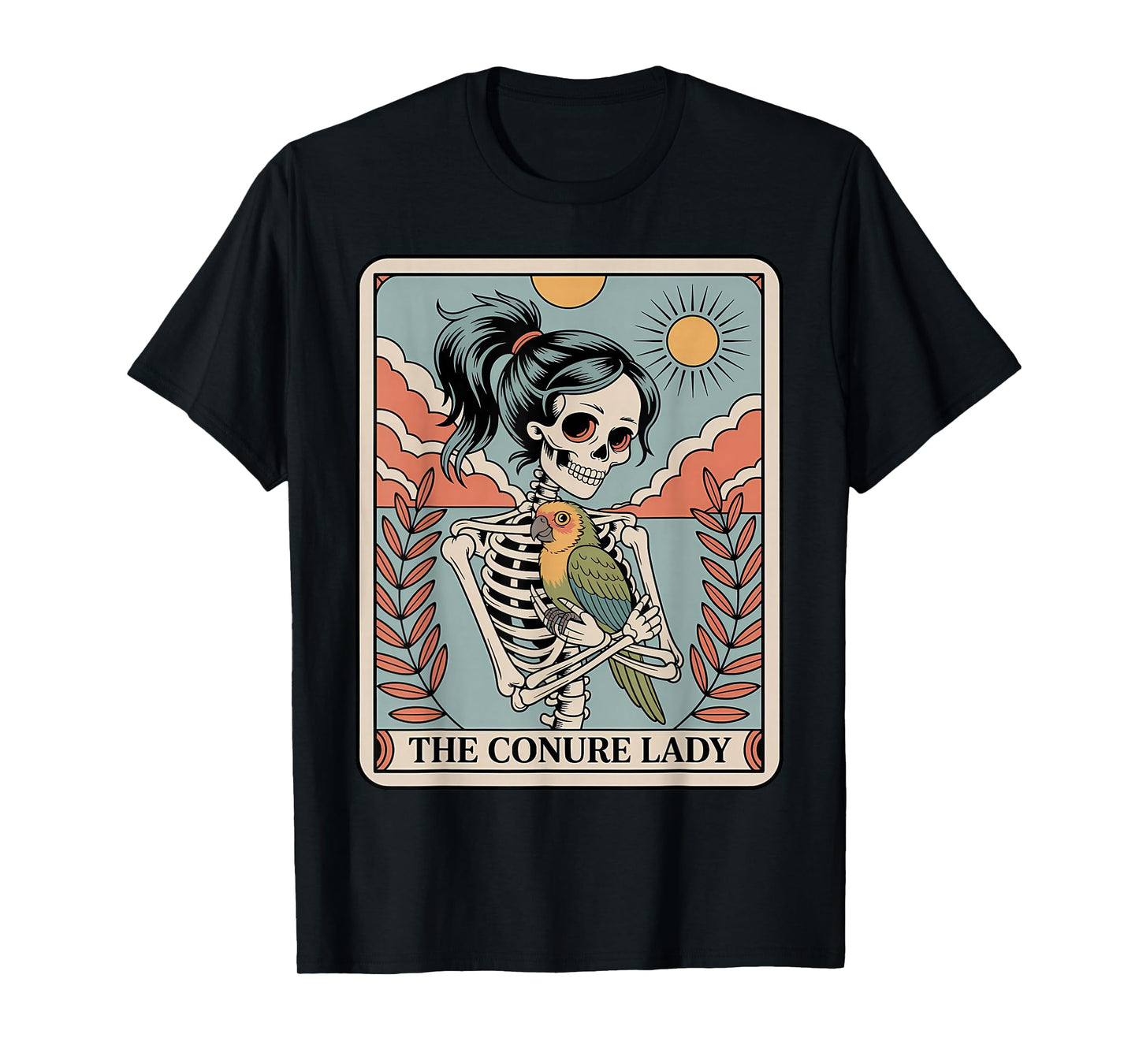 Conure Lady Tarot Card Skeleton Parrot Lover Halloween Witch T-Shirt