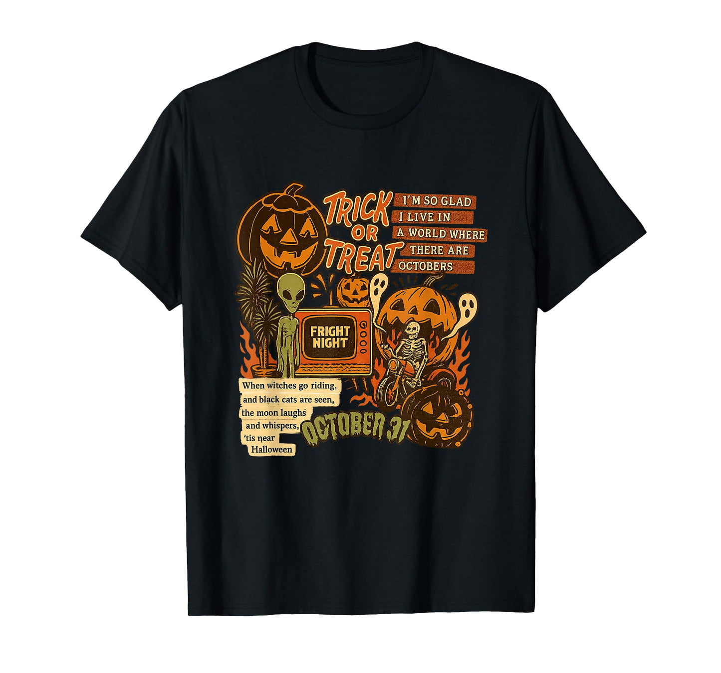 Trick Or Treat Alien Skeleton Riding and Ghost October 31st T-Shirt