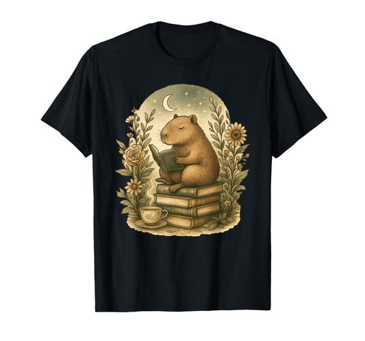 Cute Cottagecore Aesthetic Capybara Reading Book Nerd T-Shirt