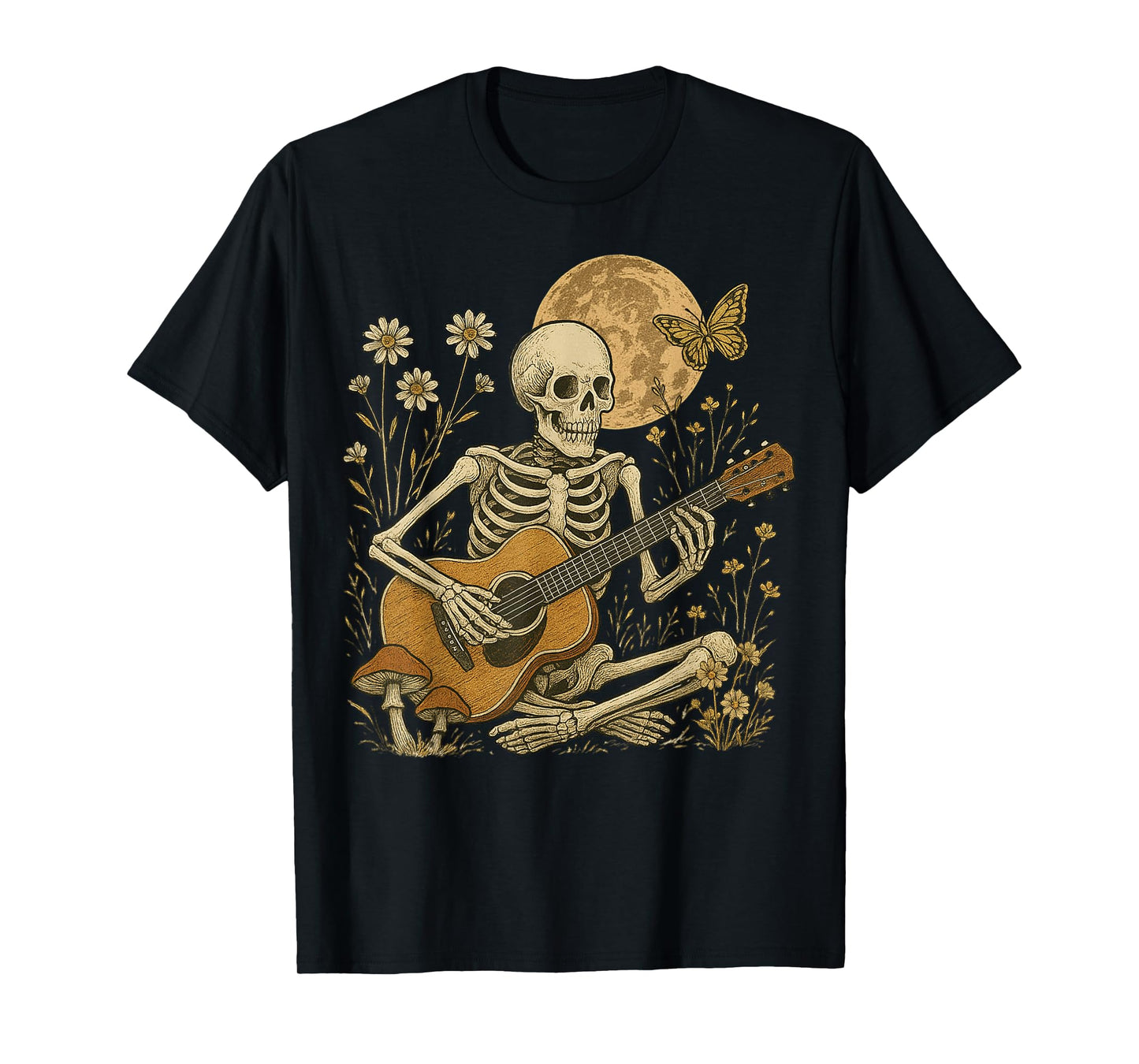 Moonlit Skeleton Playing Guitar Dark Academia Aesthetic T-Shirt