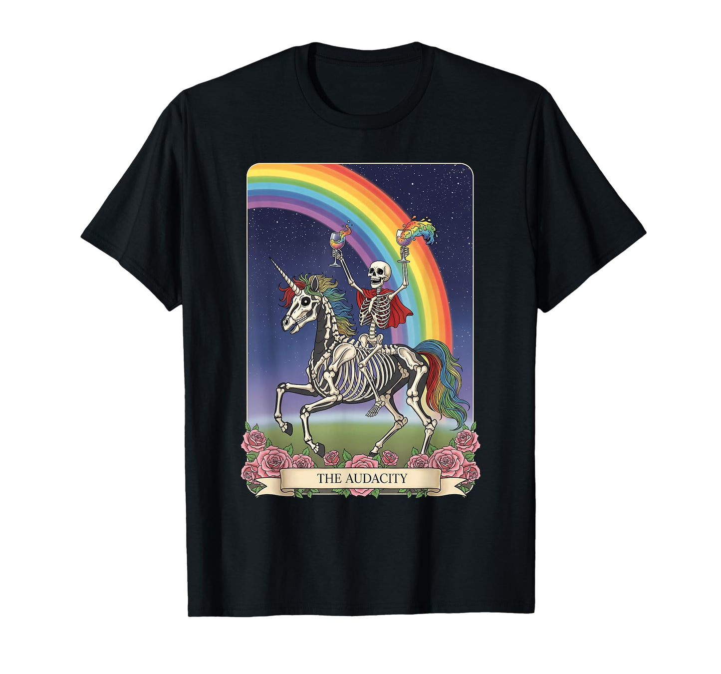 The Audacity Tarot Card Halloween Skeleton Riding Unicorn T-Shirt