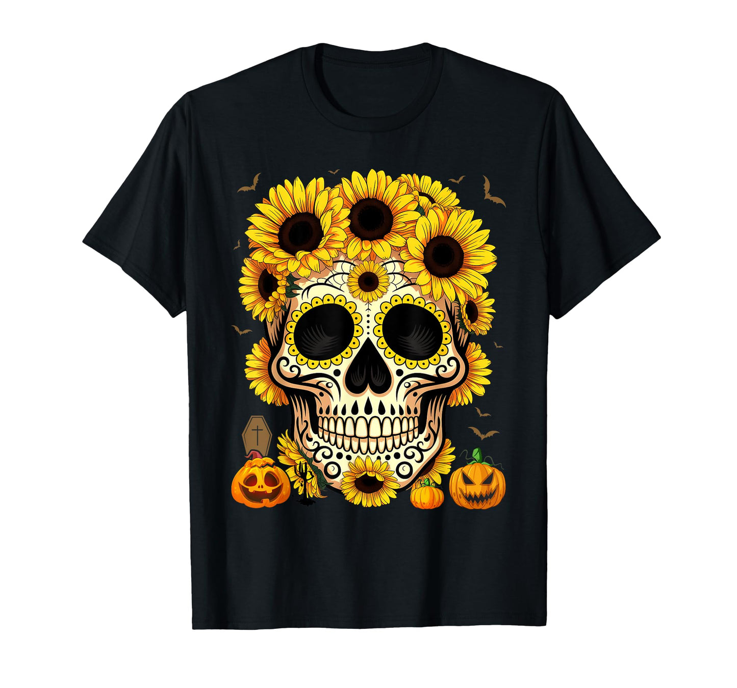 Sugar Skull Skeleton Sunflower Floral Flowers Halloween T-Shirt