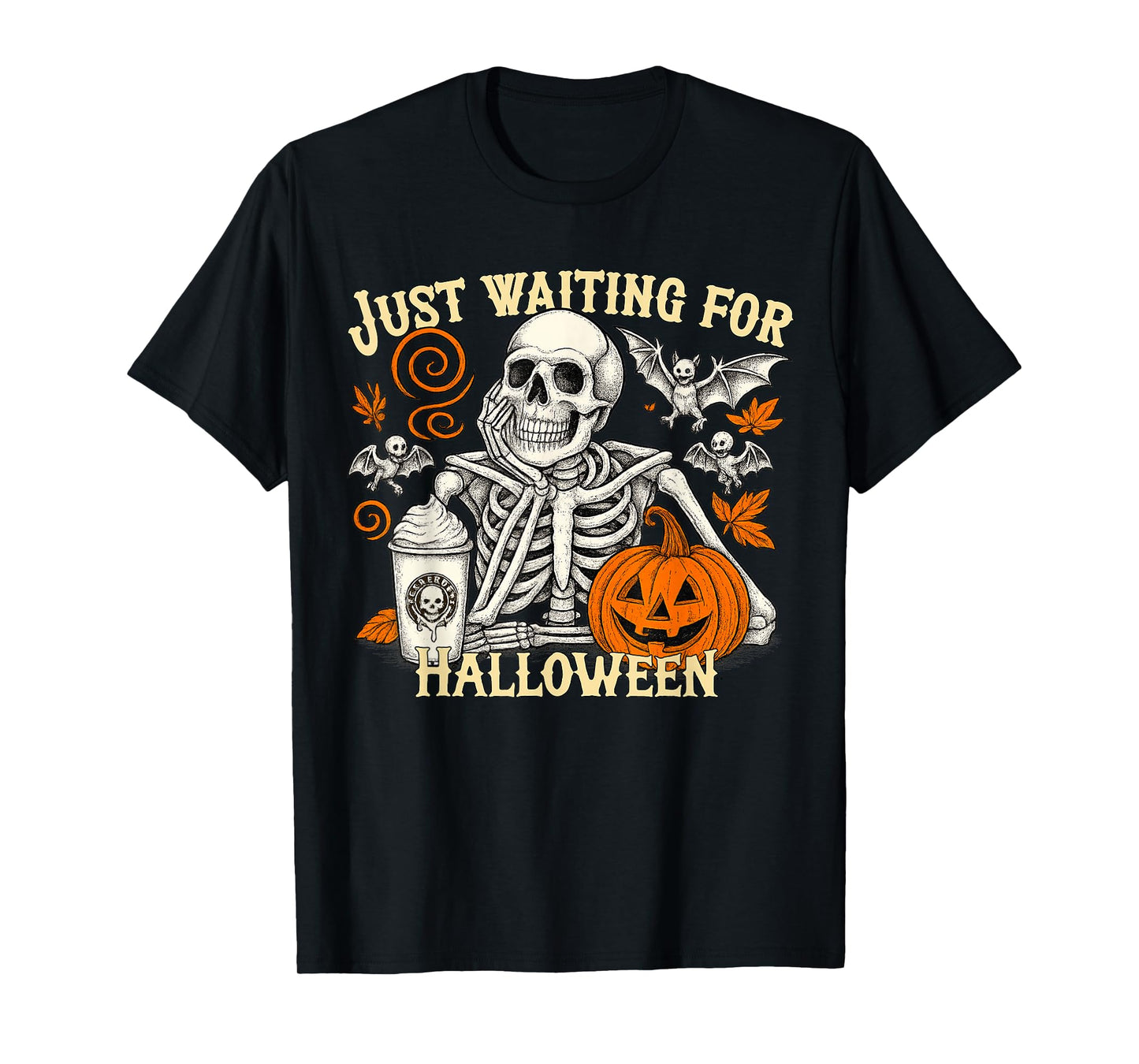 Just Waiting for Halloween Spooky Skeleton Pumpkin T-Shirt