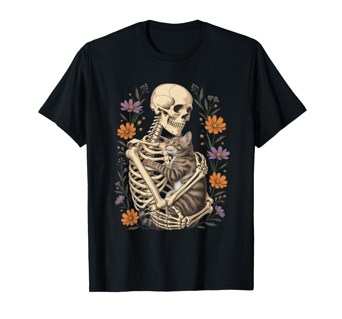 Funny Skeleton Hugging Cat Floral Halloween Cats Lover T-Shirt