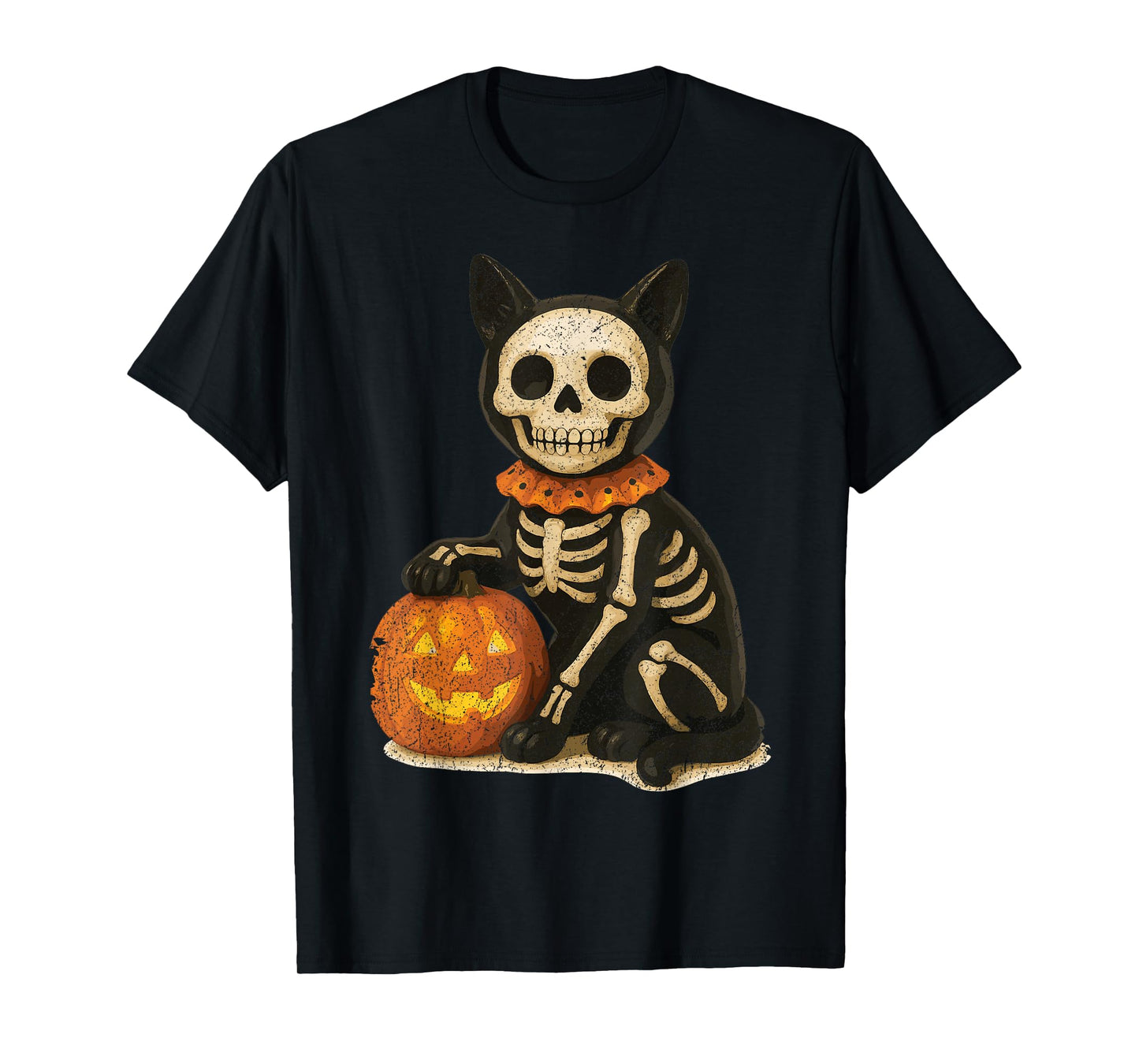 Vintage Skeleton Black Cat Ghost Happy Halloween Pumpkin T-Shirt