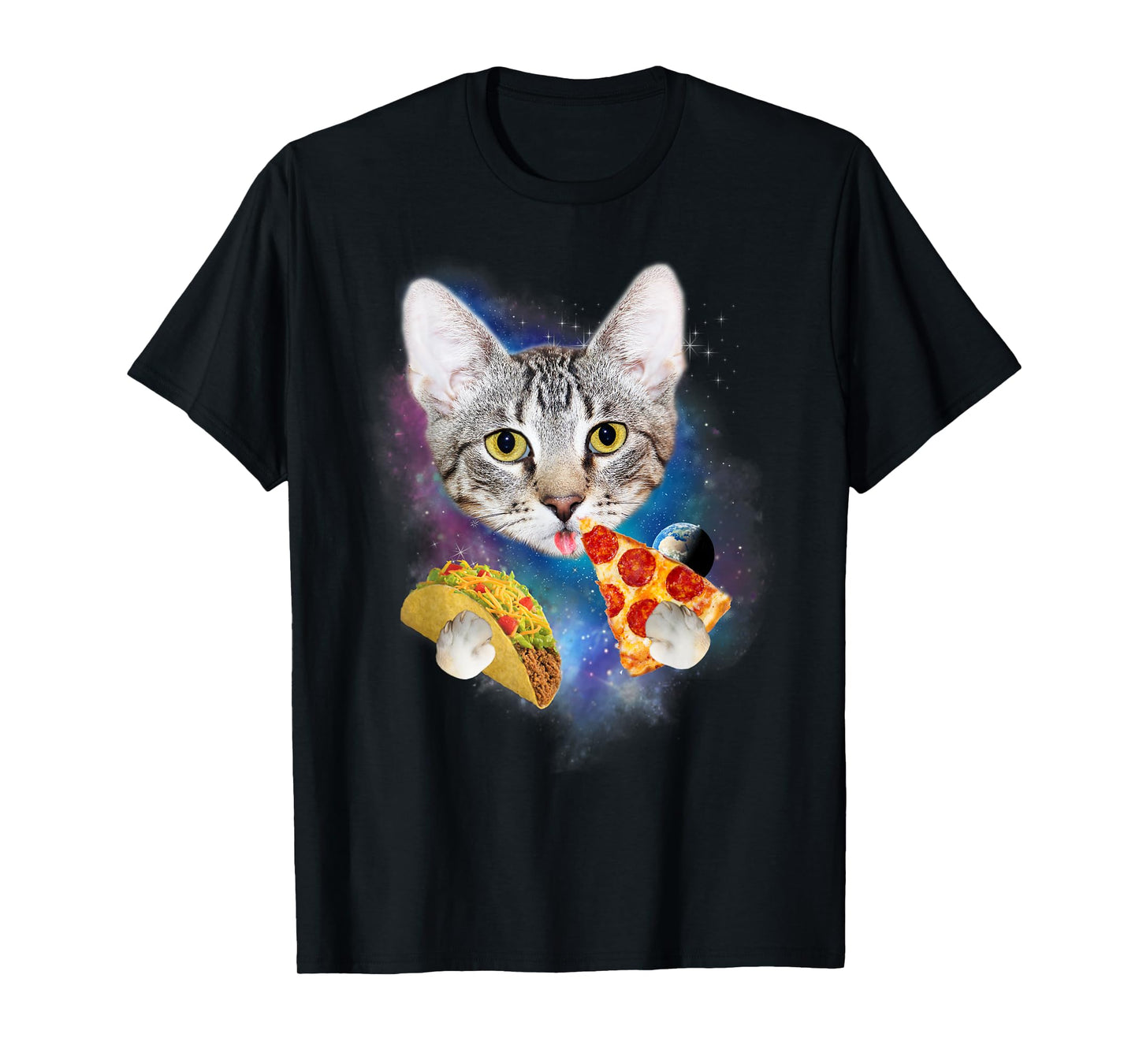 Funny Galaxy Cat Shirt | Space Cat Eat Pizza and Taco Shirt Men Women Kids T-Shirt