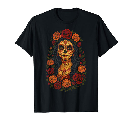 Day of The Dead Dia De Los Muertos Floral Sugar Skull Woman T-Shirt