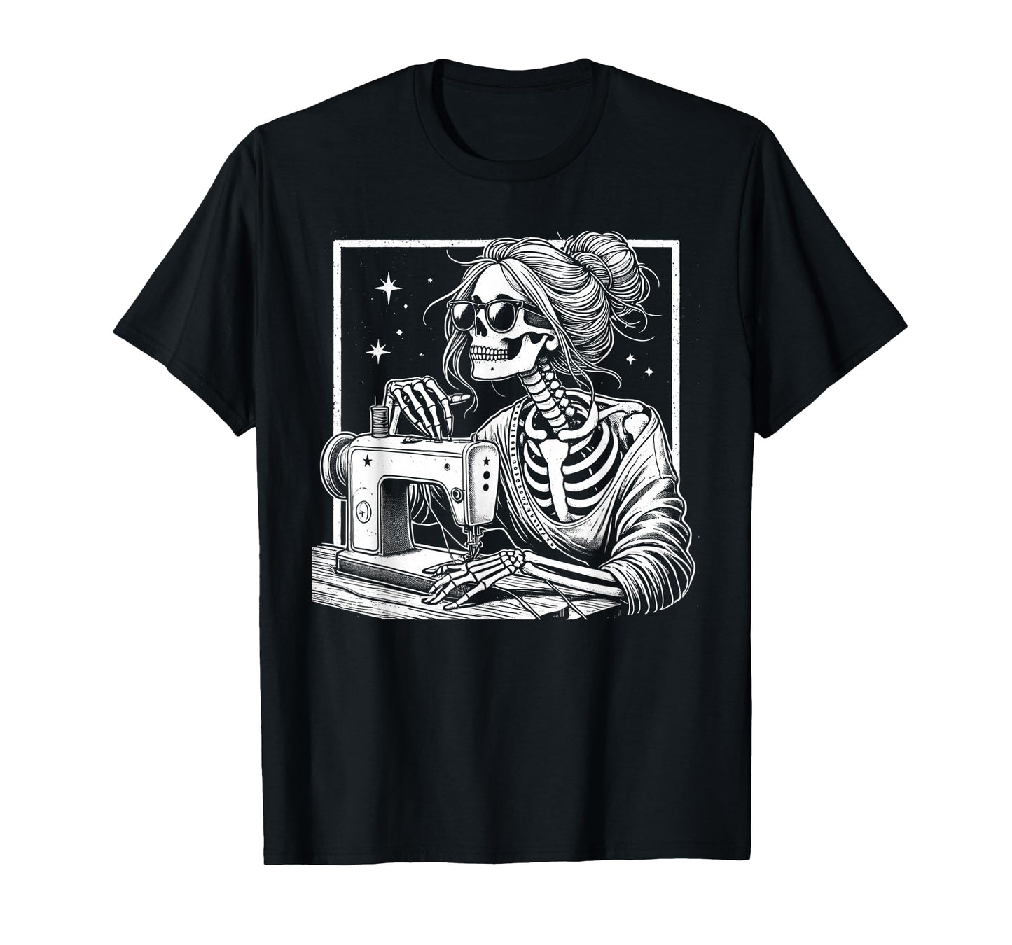Bun Hair Skeleton Sewer Quilter Halloween Sew Womens Girls T-Shirt