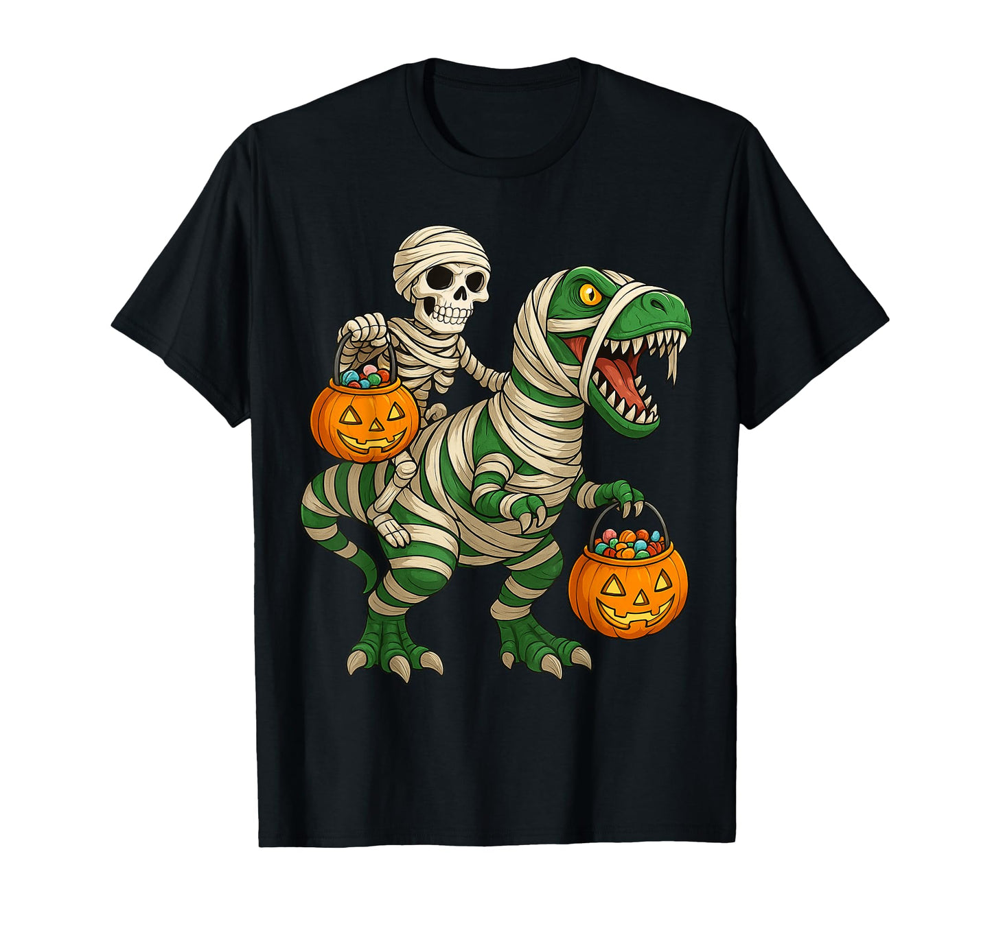 Skeleton Riding Mummy Dinosaur Funny Halloween Costume Kids T-Shirt
