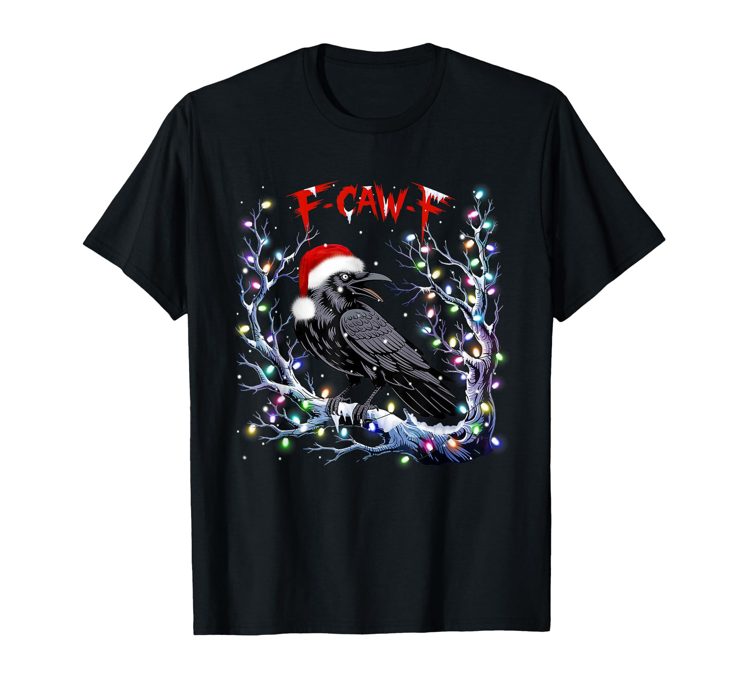 Funny Black Crow F-Caw-F Retro Santa Hat Christmas Lights T-Shirt