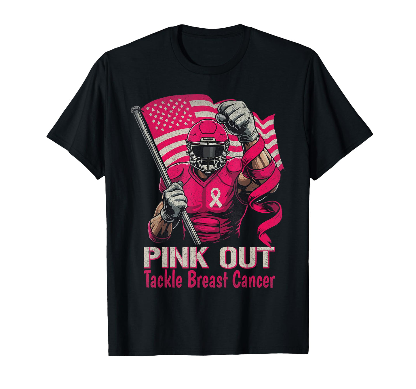 Pink Out Tackle Breast Cancer Football American Flag Ribbon T-Shirt