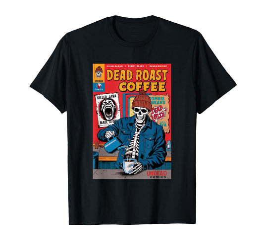 Dead Roast Coffee Comic Book Cover Style Skeleton Barista T-Shirt