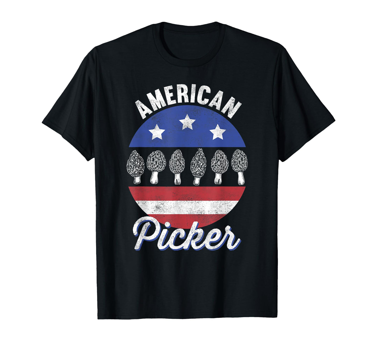 Morel Mushroom Hunter American Picker US Flag Retro Foraging T-Shirt
