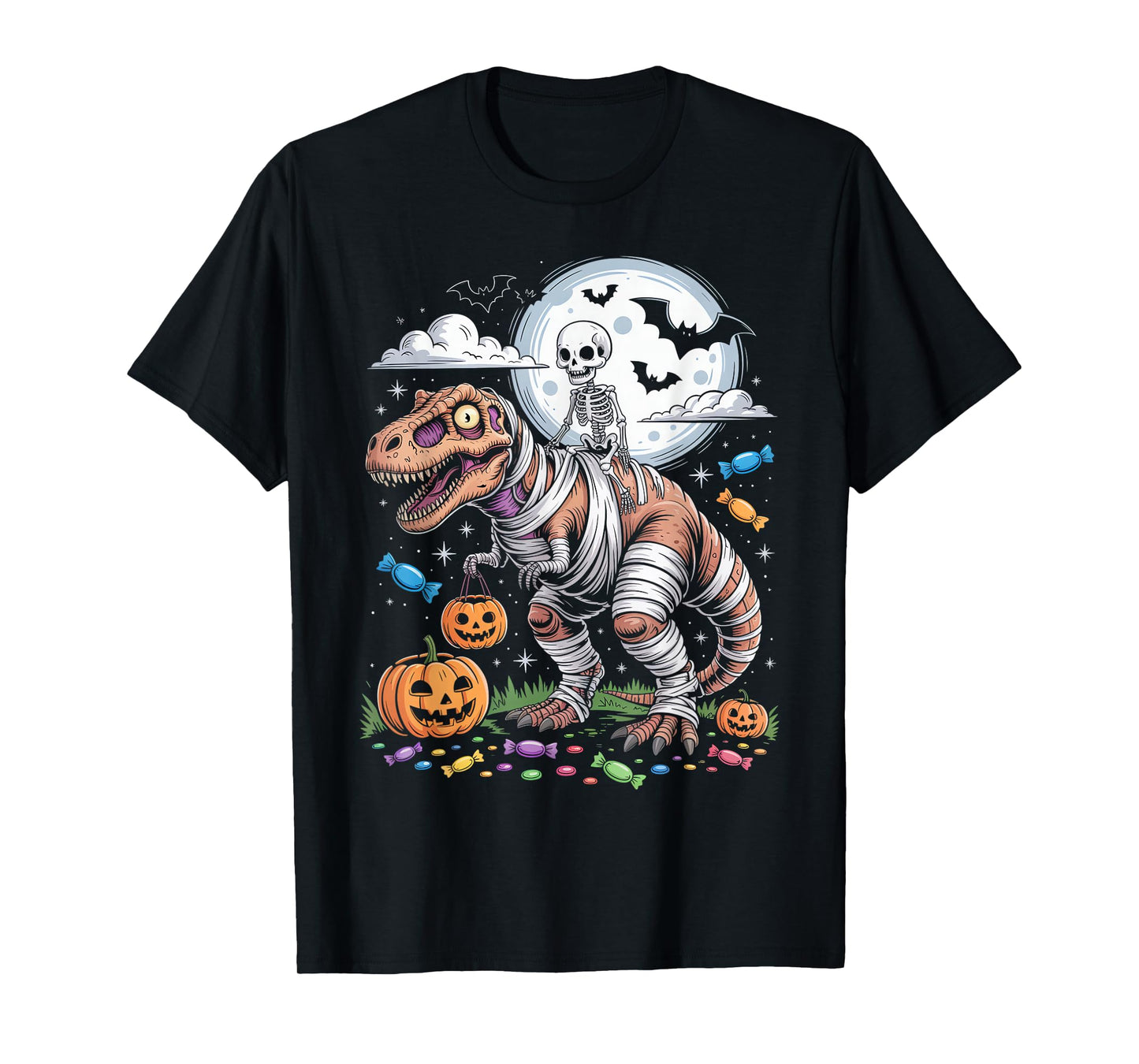 Skeleton Riding Tyrannosaurus Skeleton Halloween Spooky T-Shirt