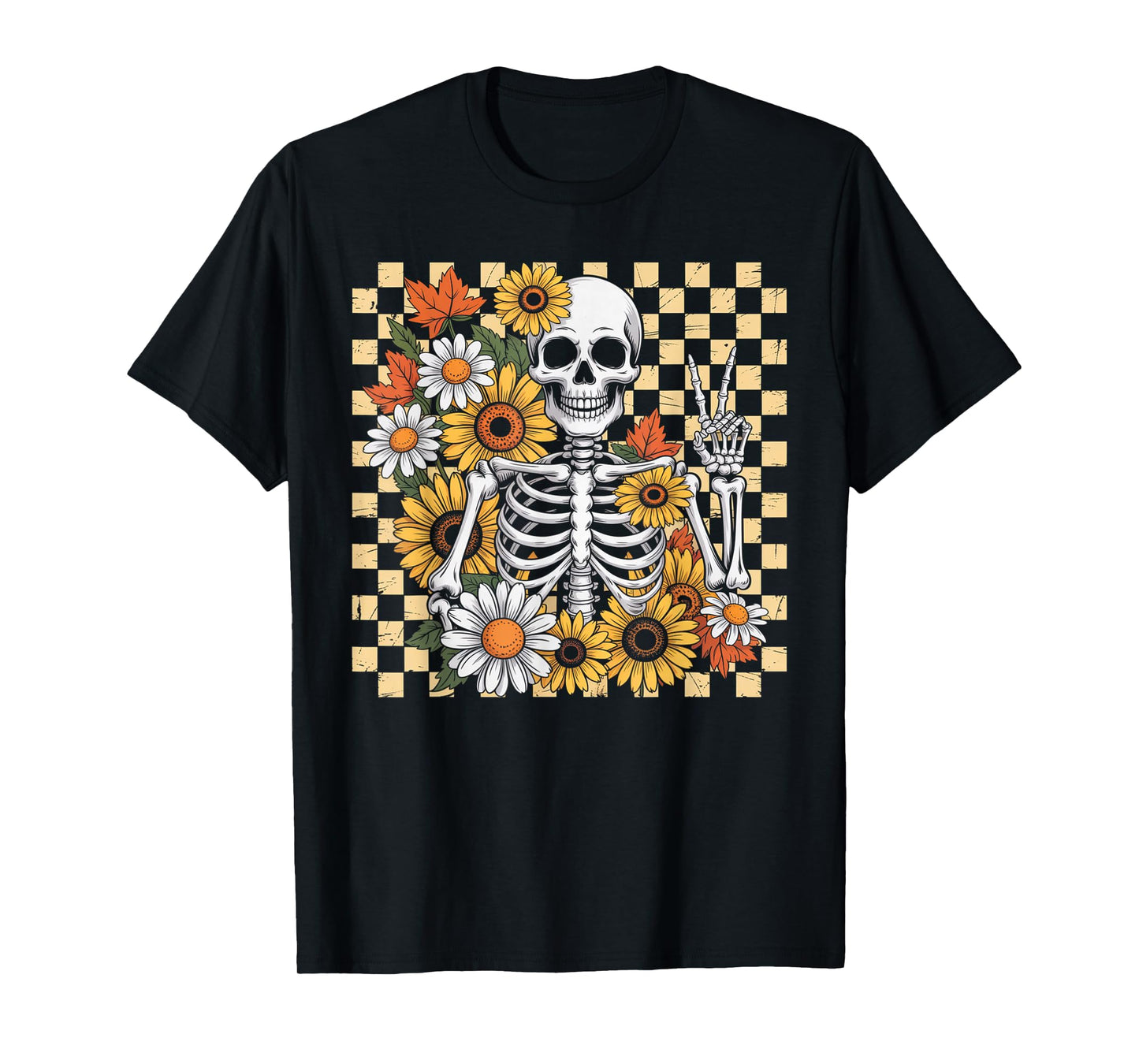 Retro Fall Skeleton Halloween Skeleton Flower Spooky Season T-Shirt