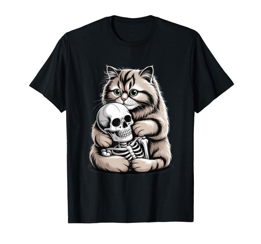Creepy Cute Gothic Cat Hugging Skeleton Halloween T-Shirt