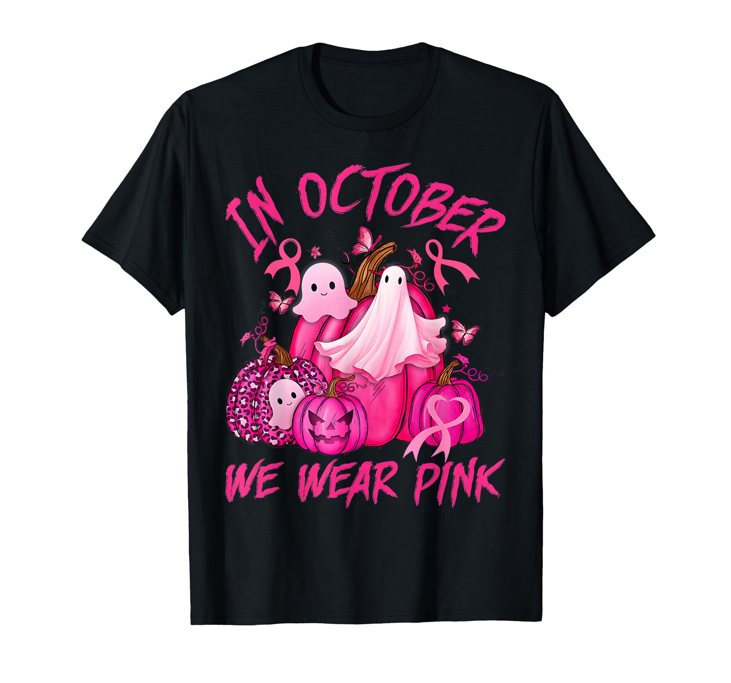 in October We Wear Pink Ghost Witch Breast Cancer Awareness T-Shirt