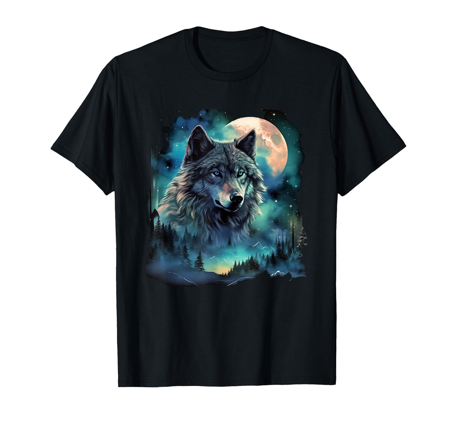 Grey Wolf Hunting Grounds Icy Moon Forest Galaxy T-Shirt