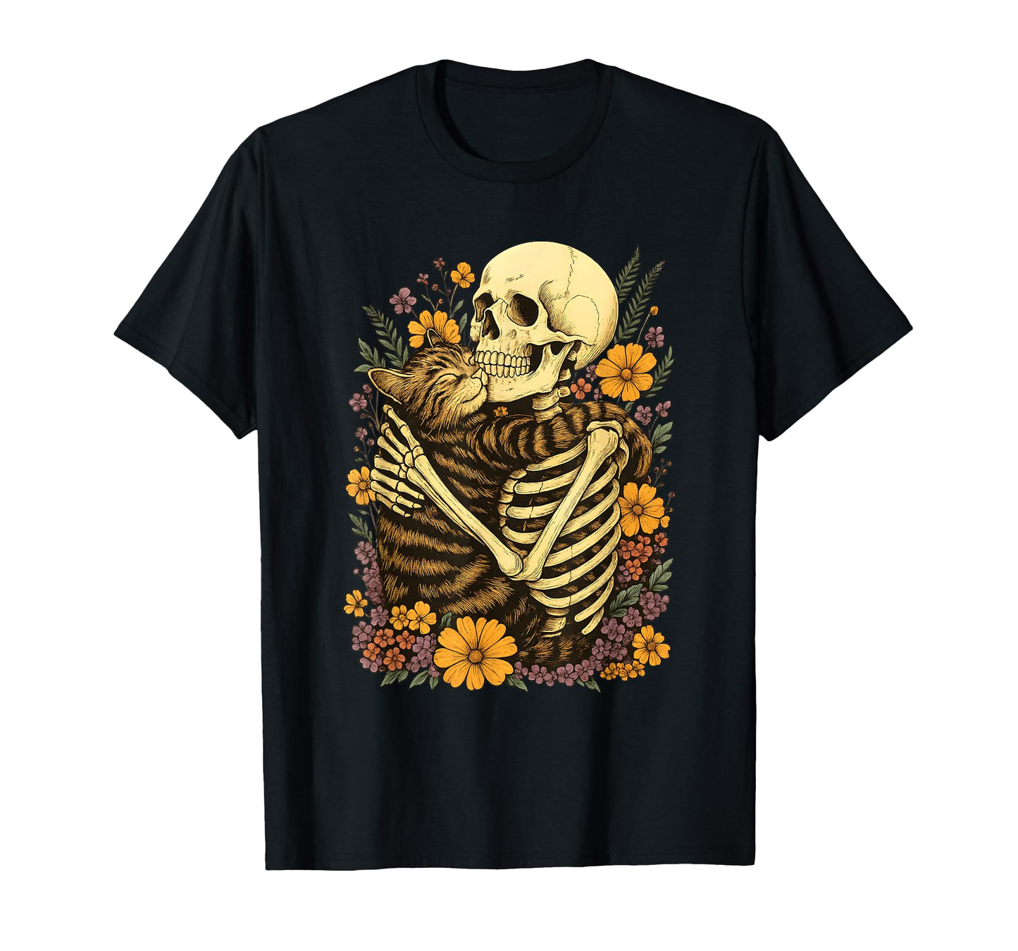 Skeleton Hugging Cat Floral Halloween Creepy Cute T-Shirt