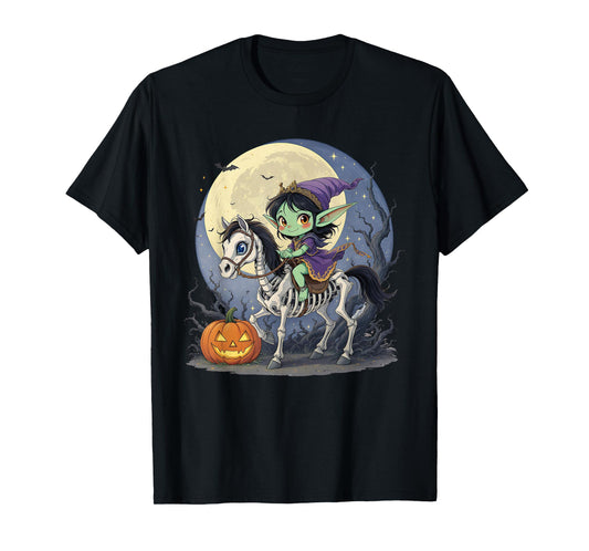 Dark Elf Goblin Troll Girl Riding Horse Skeleton Halloween T-Shirt