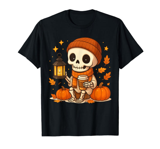 Cute Skeleton Drinking Coffee Spooky Season Autumn Fall T-Shirt