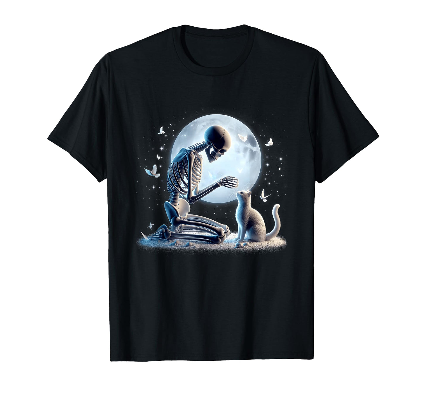 Skeleton with Cat Gothic Halloween Moon Scene White Kitty T-Shirt