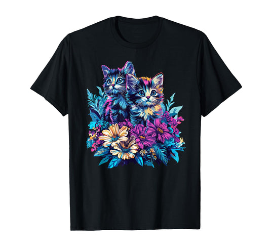 Adorable Kittens With Colorful Flowers T-Shirt