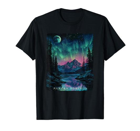 Aurora Borealis Northern Lights Mountains Trees Nature T-Shirt