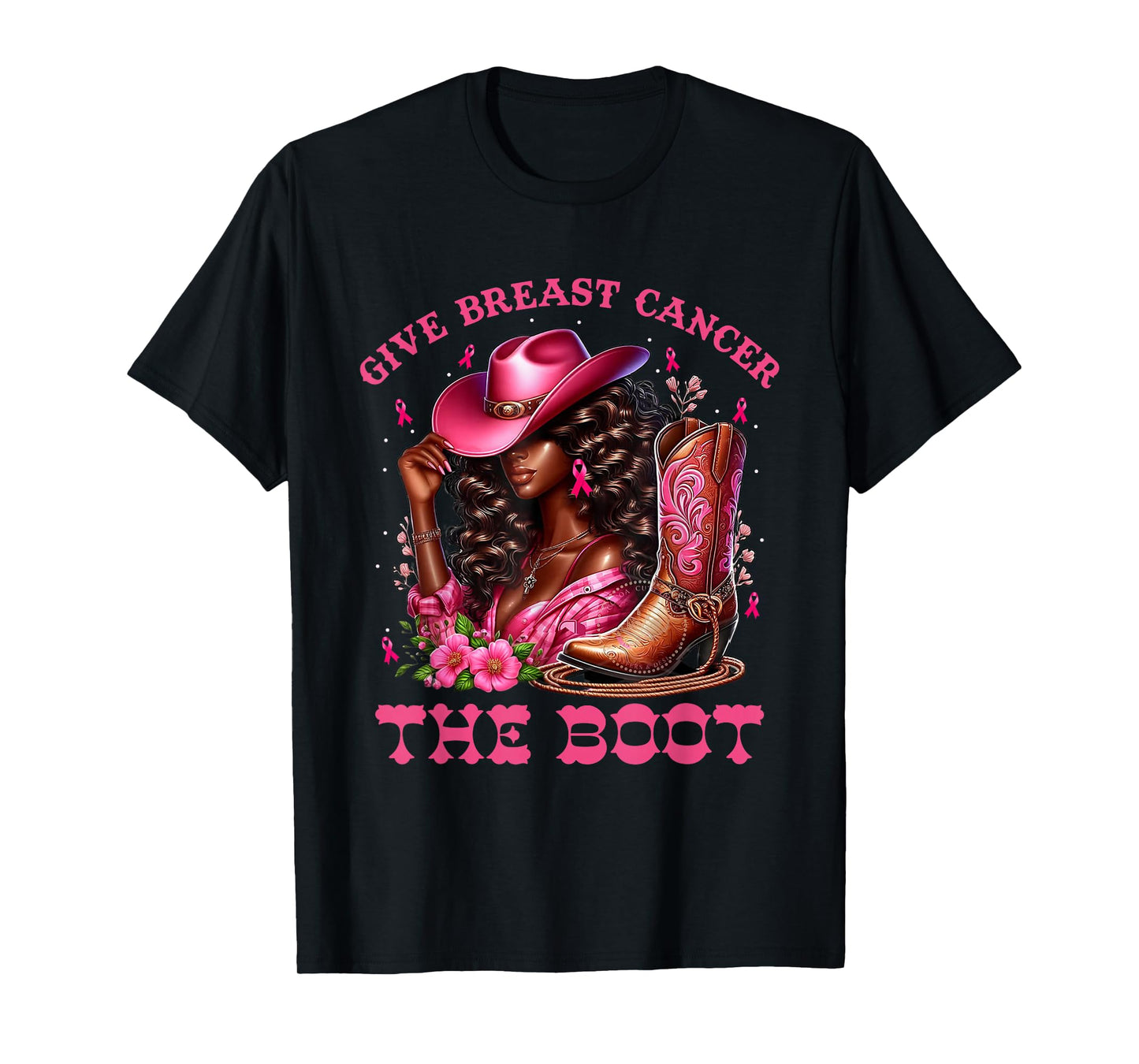 Give Breast Cancer The Boot Cowgirl Cancer Awareness Ribbon T-Shirt
