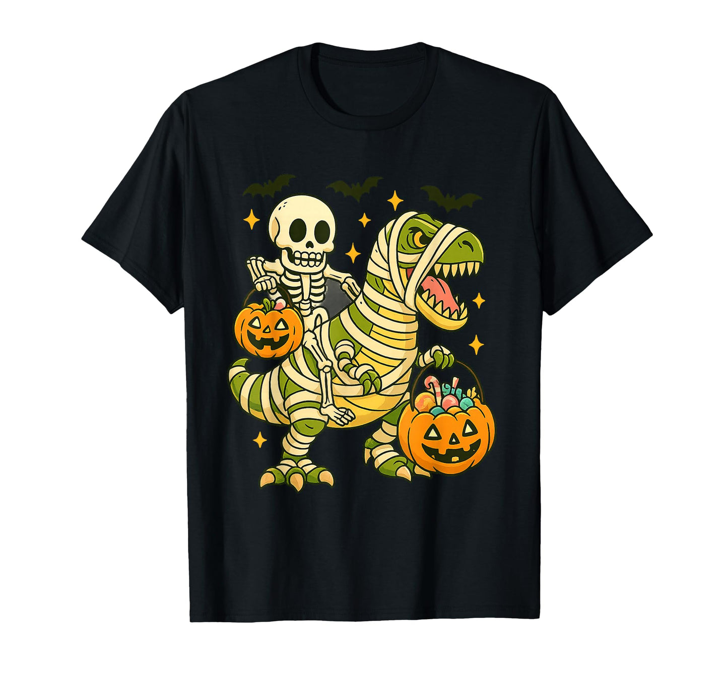 Skeleton Riding Mummy Dinosaur Halloween Candy Pumpkin Retro T-Shirt