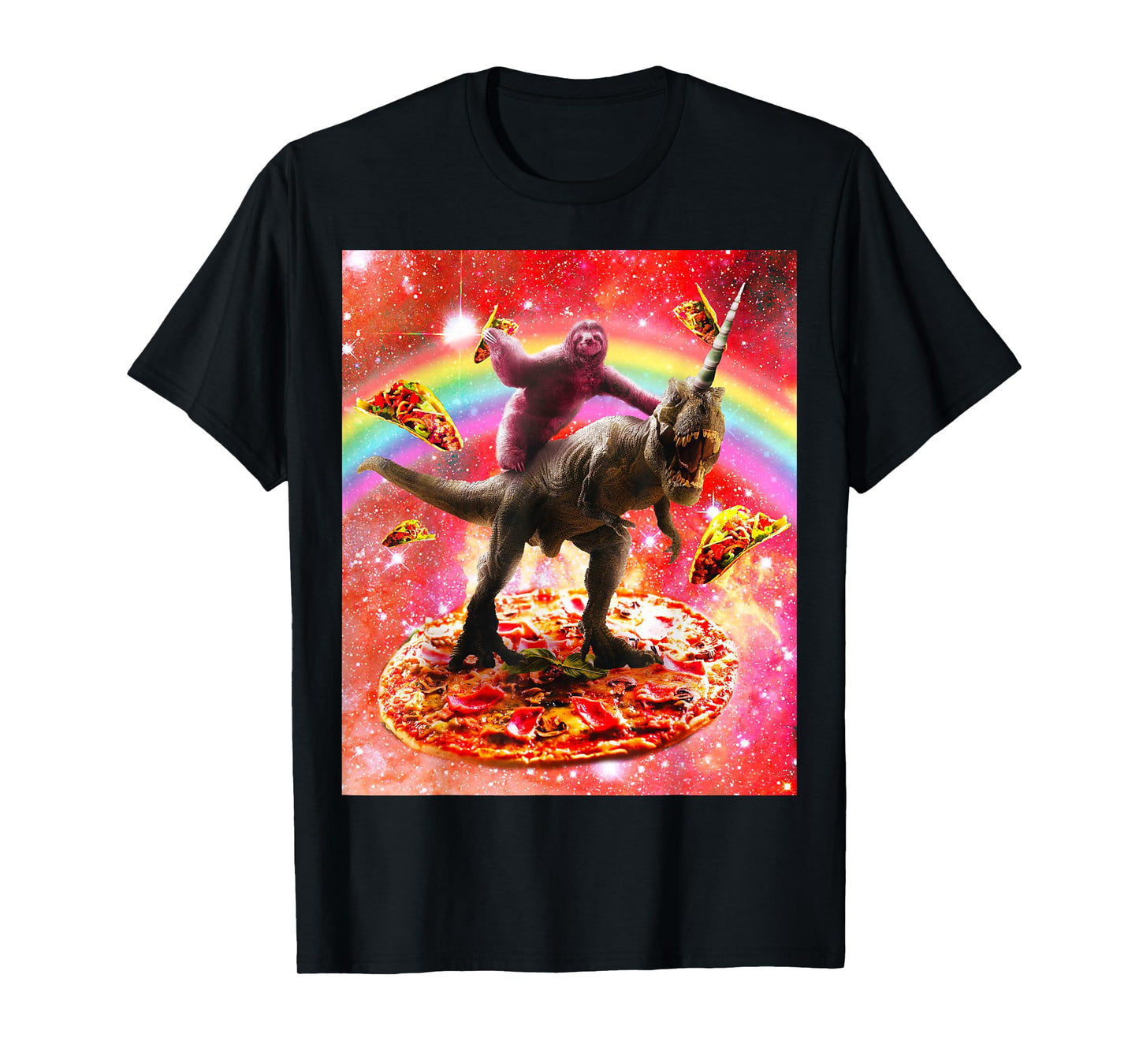 Space Sloth Riding Dinosaur Unicorn - Pizza & Taco T-Shirt