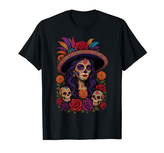 Day of The Dead Dia De Los Muertos Floral Sugar Skull Woman T-Shirt