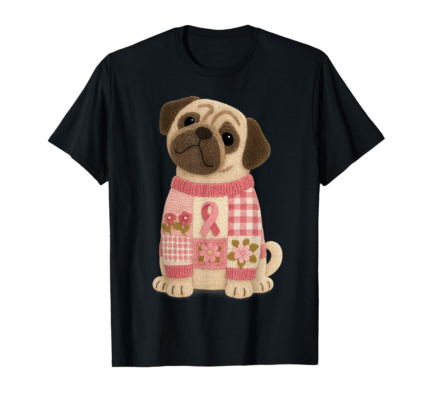 Pug Dog Pink Ribbon Breast Cancer Pattern Felt Art T-Shirt