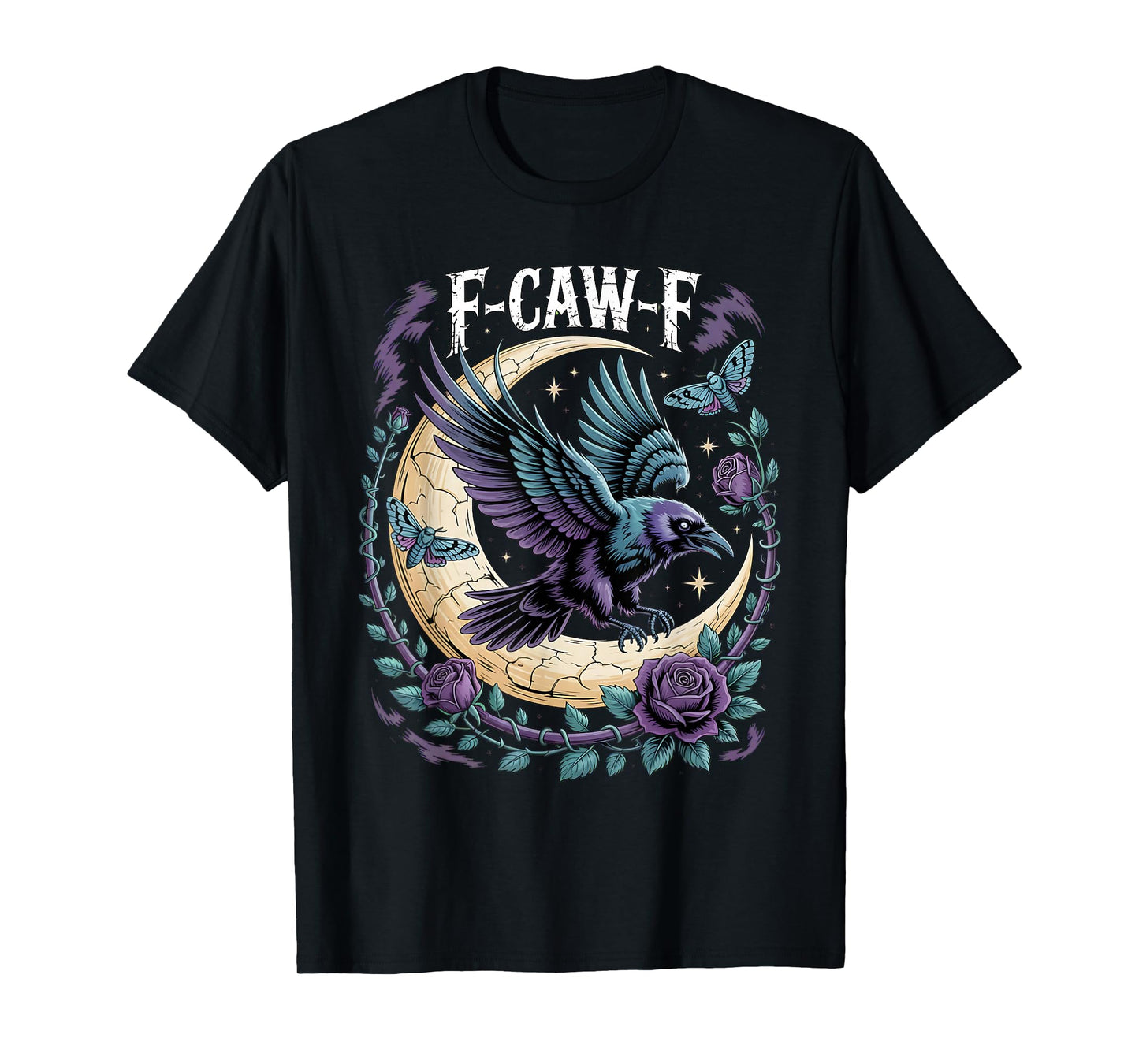 F CAW F Gothic Fly Raven Moon Face Rune Rose Fantasy Moth T-Shirt