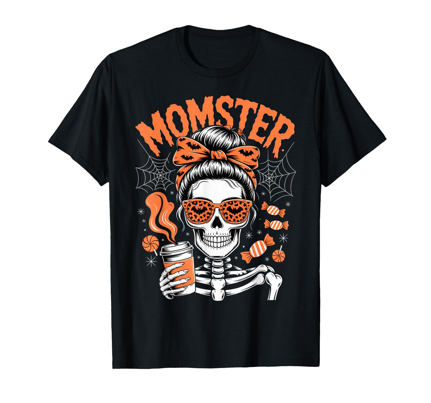 Momster Halloween Costume Skeleton Messy Bun Mother Coffee T-Shirt